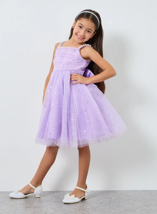 تايك تو فستان ميدي بناتي شبكي مزين وبسيور